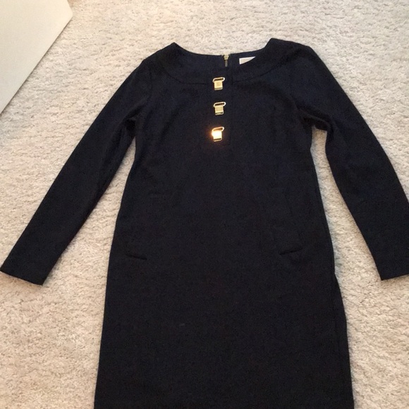 EUC MICHAEL KORS LONG SLEEVE DRESS GOLD CLIPS & EXPOSED BACK ZIP FRONT POCKETS - Picture 4 of 10